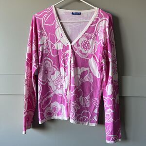 Tori Richard Sweater Womens Medium Pink White Floral Cardigan Hawaiian Resort‎